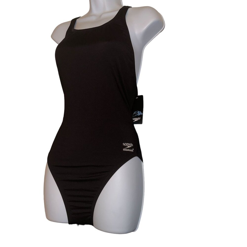 NWT Speedo Endurance + One Piece Swimsuit Womens 30 Solid Flyback Black Training - Picture 5 of 9